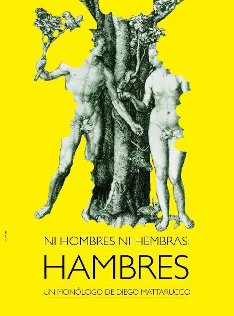 Cartel amarillo intenso. Recortado sobre el amarillo, el grabado de Adán y Eva de Durero: los dos desnudos a ambos lados del árbol, con la serpiente enroscada en una rama y animales pequeños entre las raíces.