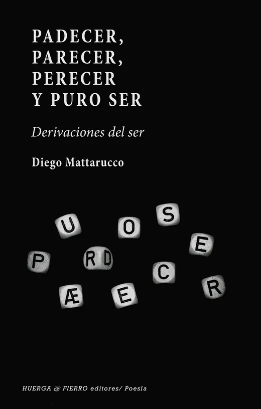 Cubierta negra con el título en mayúsculas blancas. Debajo, esparcidos en la oscuridad, unos dados blancos con letras sueltas.