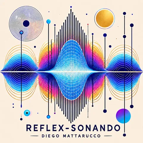 Portada crema con una onda de sonido simétrica reflejada sobre su propio eje: un pico azul en el centro, franjas rosas y naranjas a los lados y líneas verticales de puntos, como un gráfico de audio.